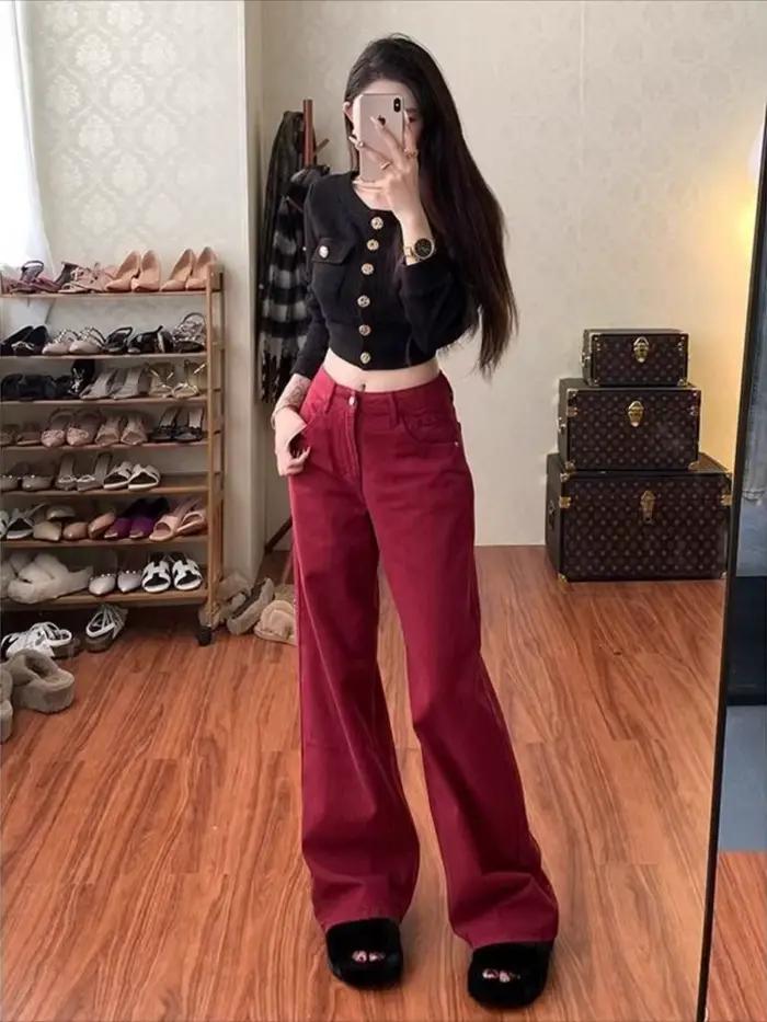 Pantalon en denim rouge taille haute pour femmes, style Harajuku, pantalon à jambes larges, occasion bureau et soirées, RankSweet, polyester et acétate, lavage en détresse, automne et hiver