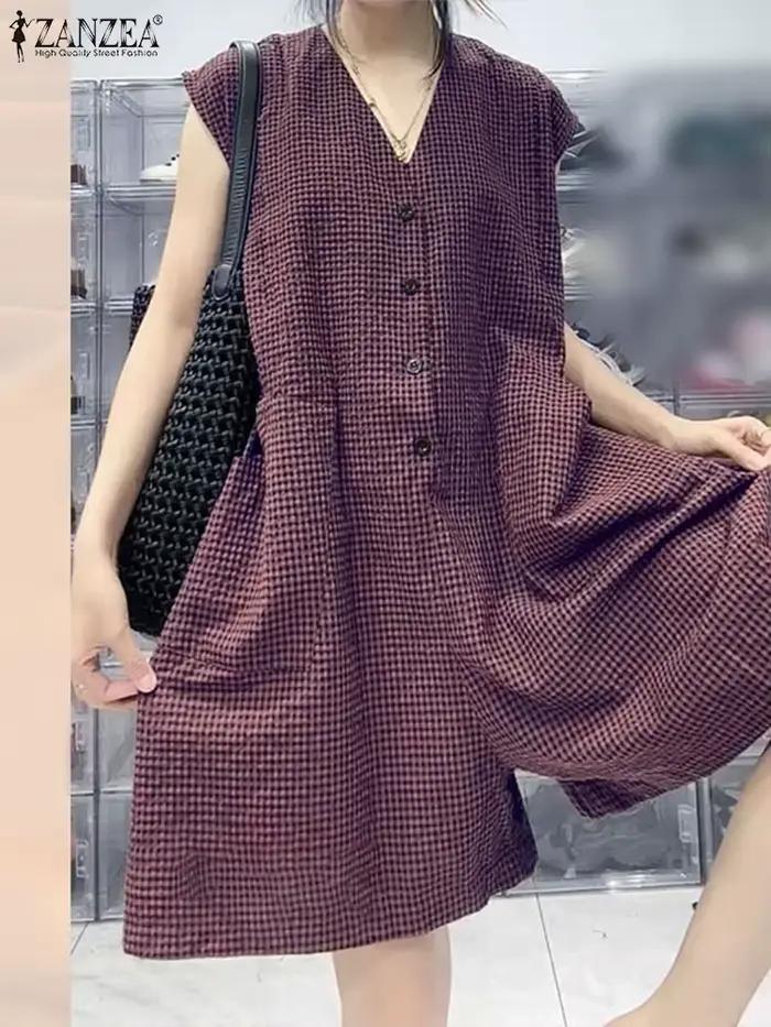 2025 ZANZEA mode femmes jambes larges combinaisons été Plaid à carreaux salopette pantalon décontracté col en V sans manches travail barboteuses surdimensionné