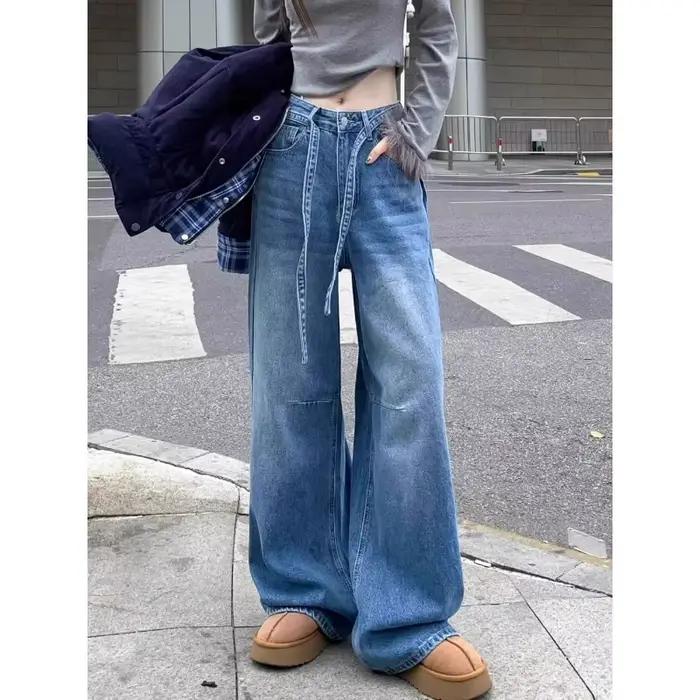 Jeans à jambes larges pour femmes Taille haute avec détail de cordon de serrage Coupe ample