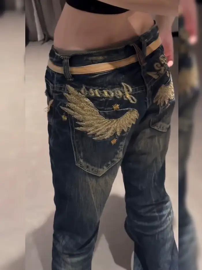 Jeans Vintage Denim Brodé Baggy Femmes Streetwear Bleu Clair Épicé Occasions Spéciales