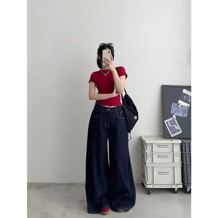 Jean bleu taille haute pour femmes, vintage, droit, pantalon en denim classique Y2K, streetwear américain, jambes larges, baggy, été et automne hiver