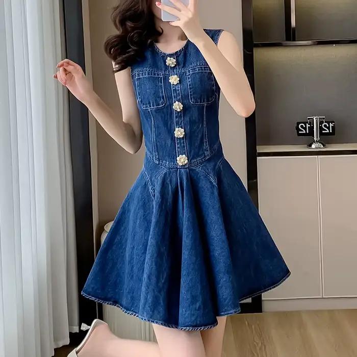 Mini Robe en Jean à Col Rond pour Femme