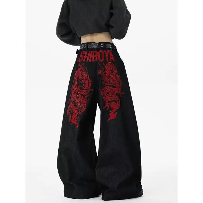 Jean large rétro brodé Dragon Rouge