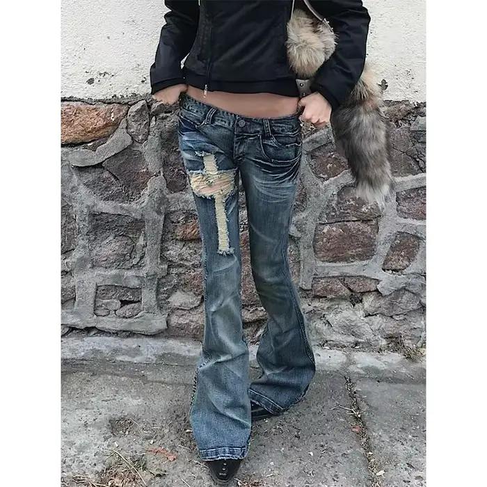 Jean évasé déchiré taille basse bleu vintage pour femme style rétro américain coupe slim printemps été