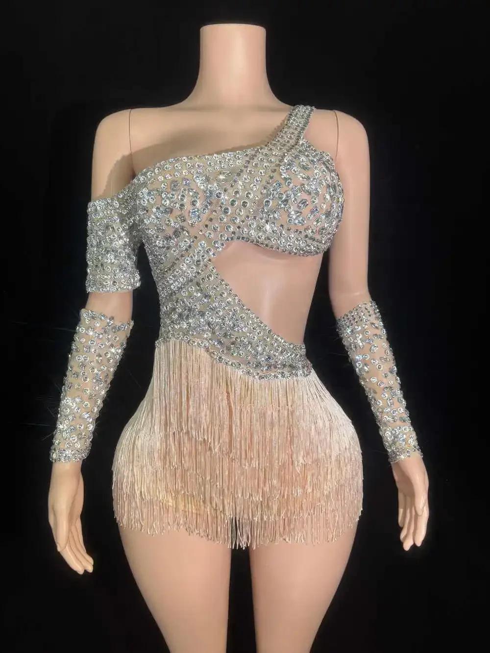 Combinaison de luxe scintillante avec pompons et strass pour femmes, tenue de soirée de bal, de chan