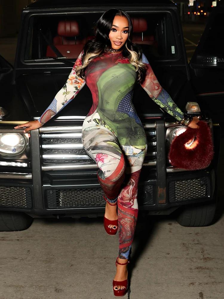 Kliou imprimé coloré combinaisons femme automne tendance col rond manches longues maigre pêche hanch