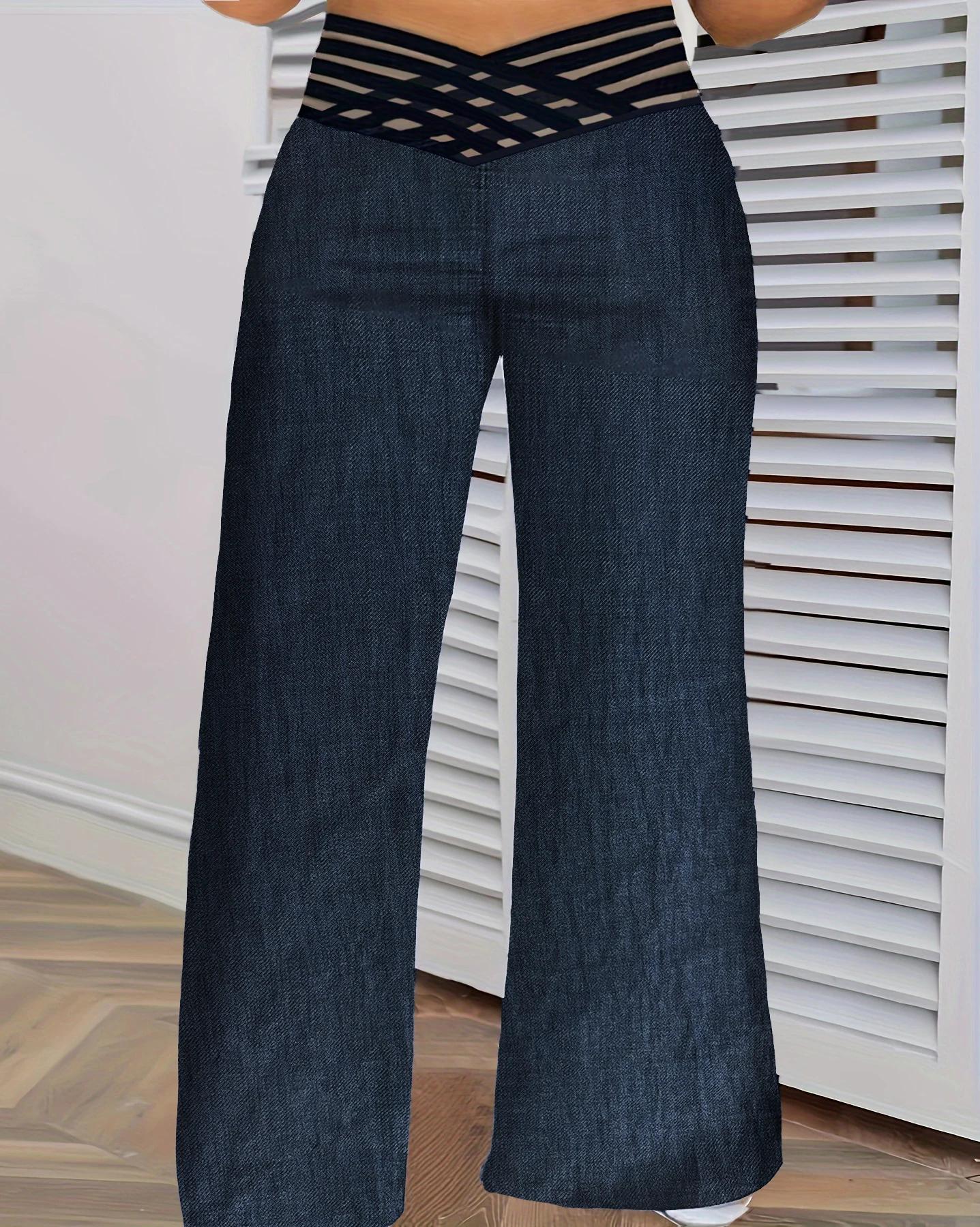 Jean pour femme grande taille, taille haute, en denim, à jambes larges, avec empiècements en maille