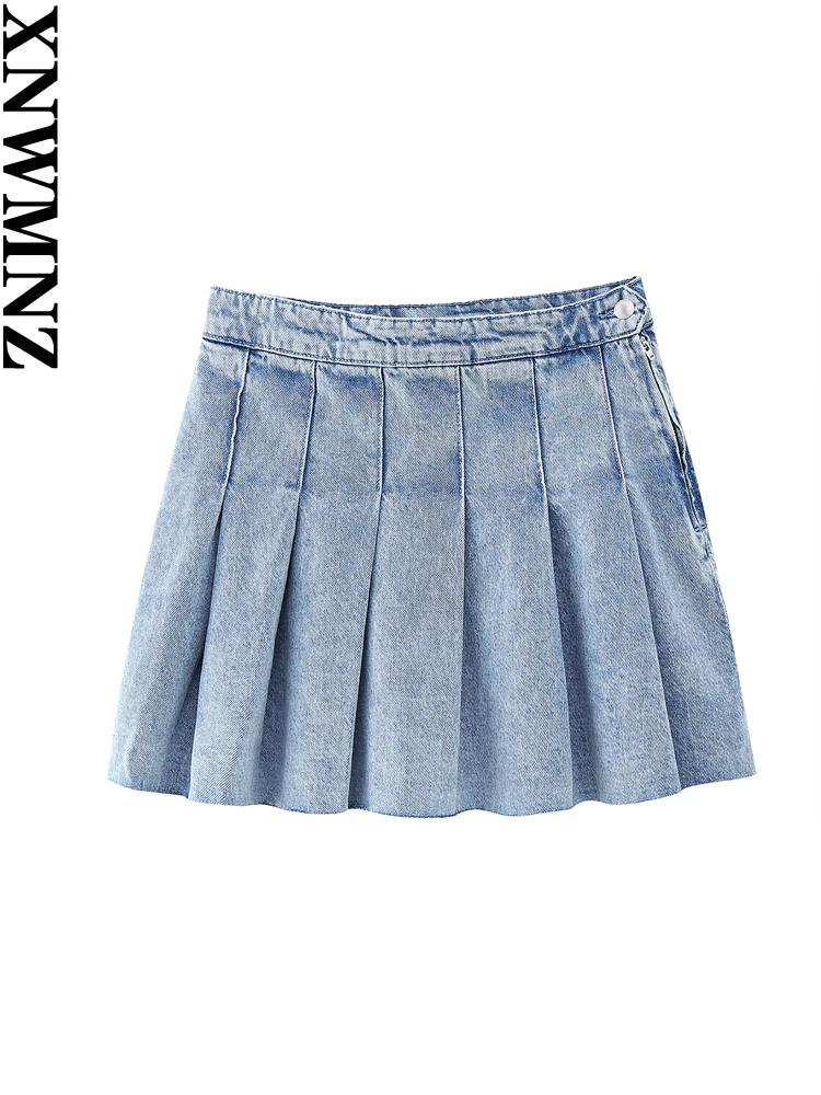 Mini jupe plissée en denim pour femme, tenue chic, taille haute, fermeture éclair latérale, mode 202