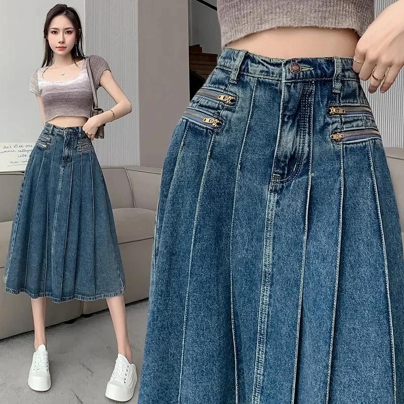 Jupe en jean plissée rétro pour femmes, nouveau tempérament mince, taille haute, ligne a, vêtements