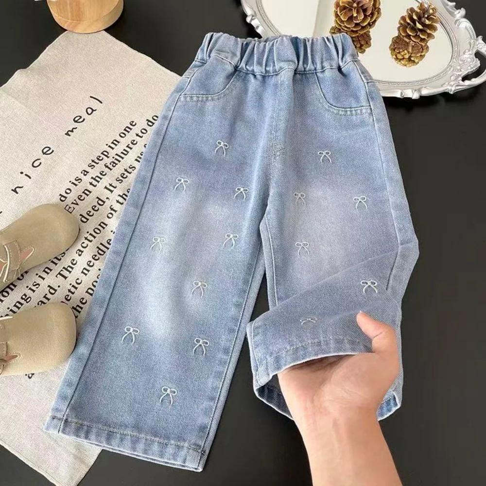 Jeans pour filles, mode printemps-automne, pantalon droit à nœud pour enfants, pantalon décontracté à jambes larges, 2-9 ans