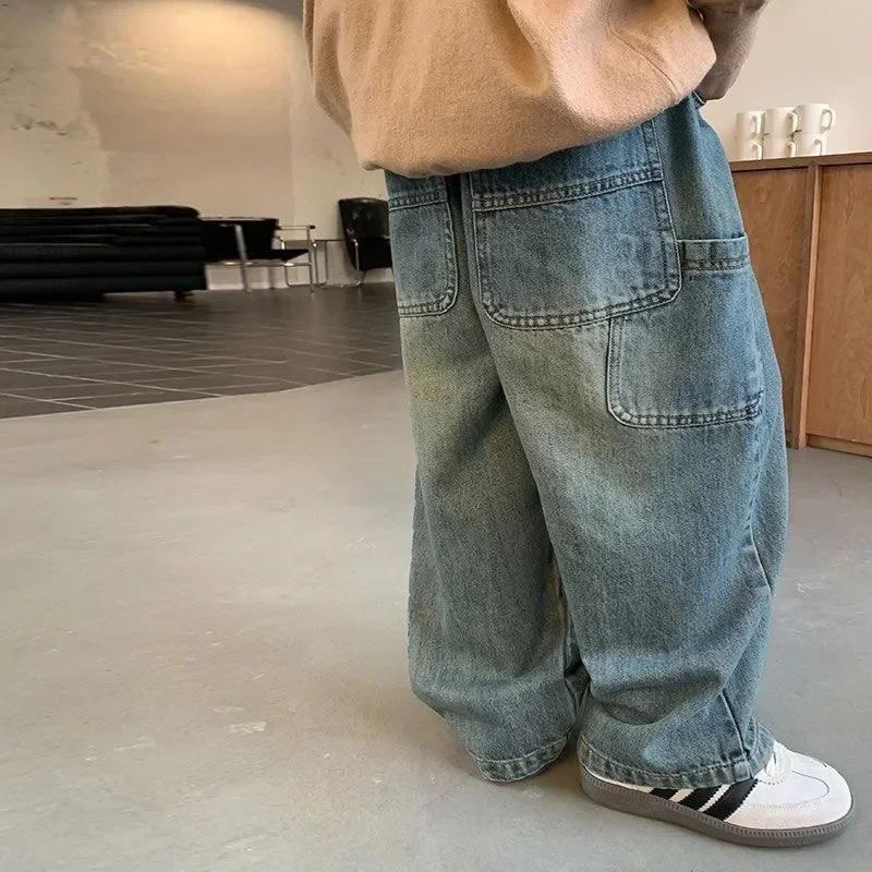 Jean rétro pour enfants, pantalon droit ample, jambes larges, pour garçons et filles, nouvelle collection printemps-automne 2025, pantalon à poches en Denim pour enfants