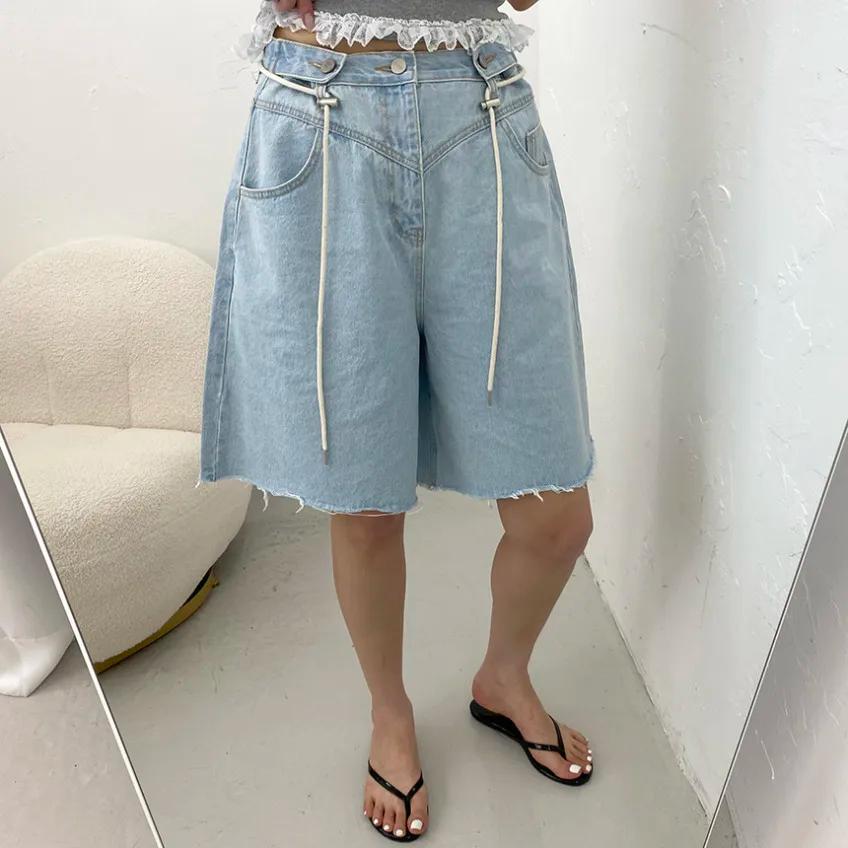 Shorts en jean Bermuda pour femme, taille haute, avec cordon de serrage, coupe large et décontractée, bleu, été 2026