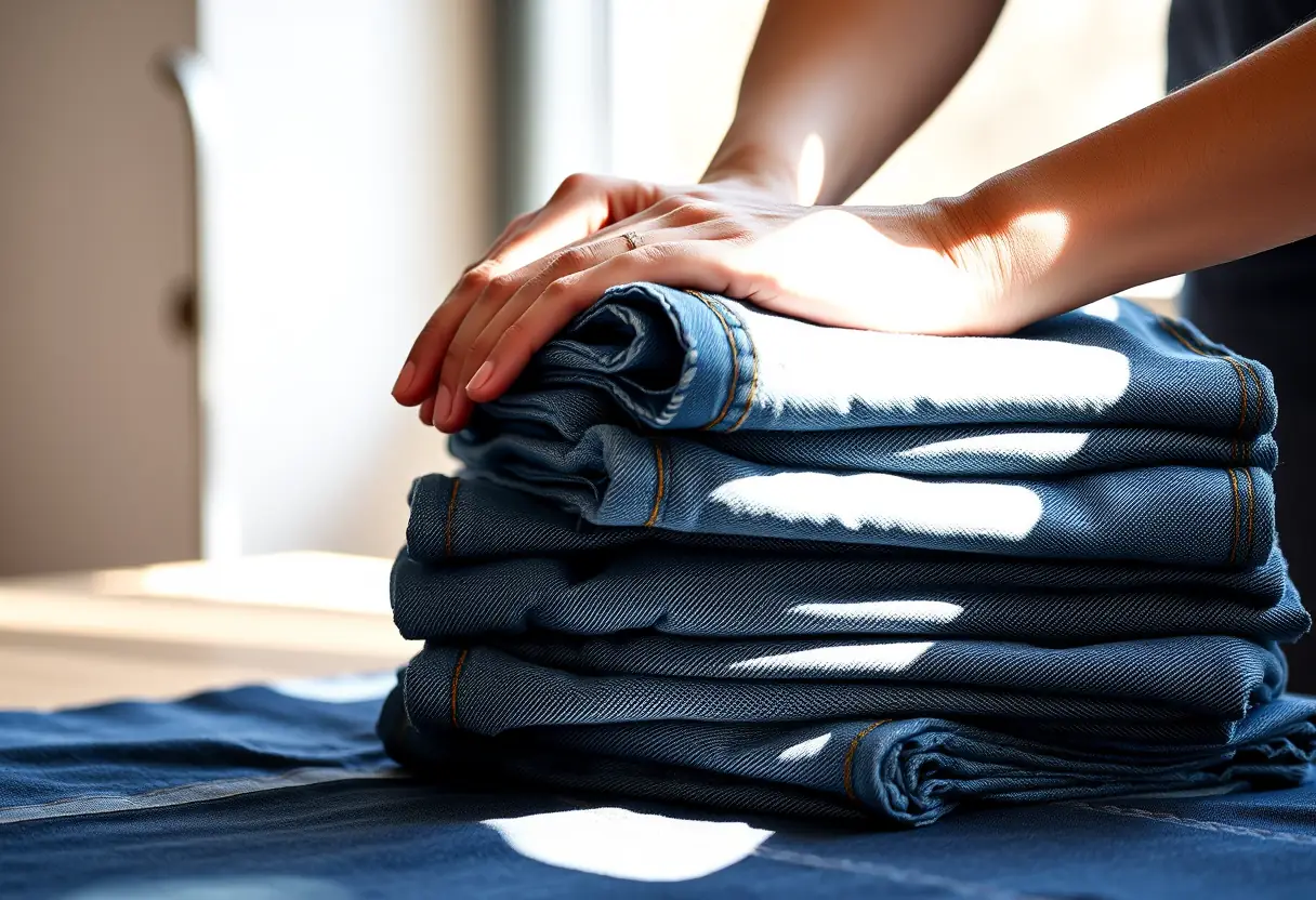 Mains qui plient soigneusement un tas de jeans neufs, lumière naturelle soulignant la texture du denim, France