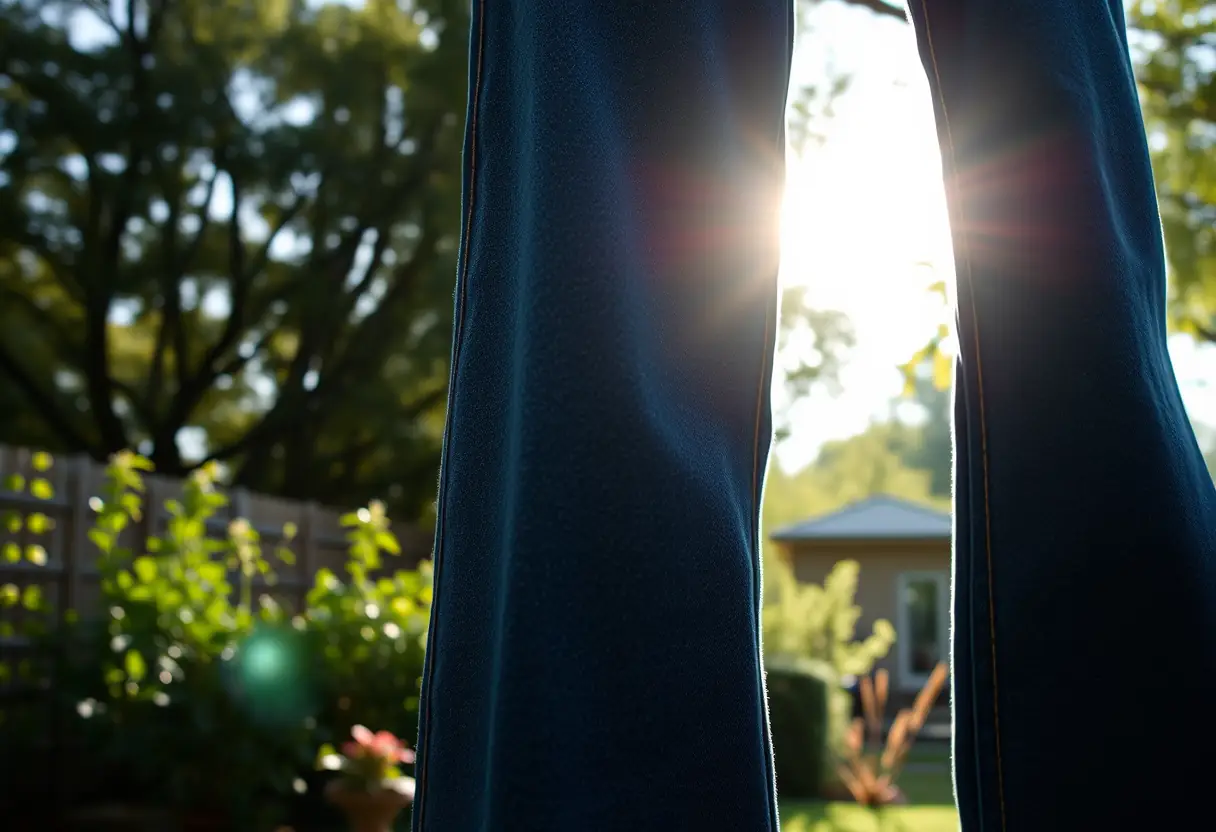 Jeans flare suspendus sur une corde à linge dans un jardin