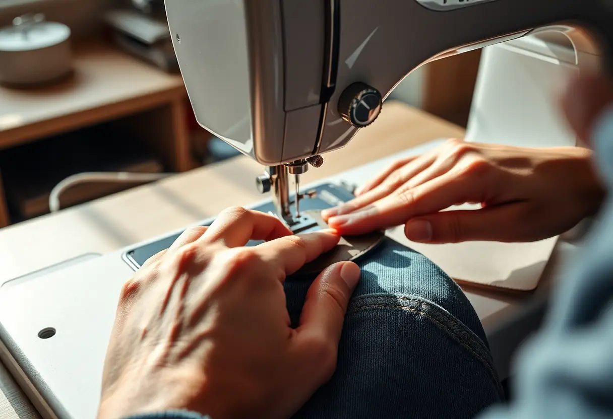 Des mains qui cousent un patch sur un jean à la machine à coudre chez soi, lumière douce et diffuse