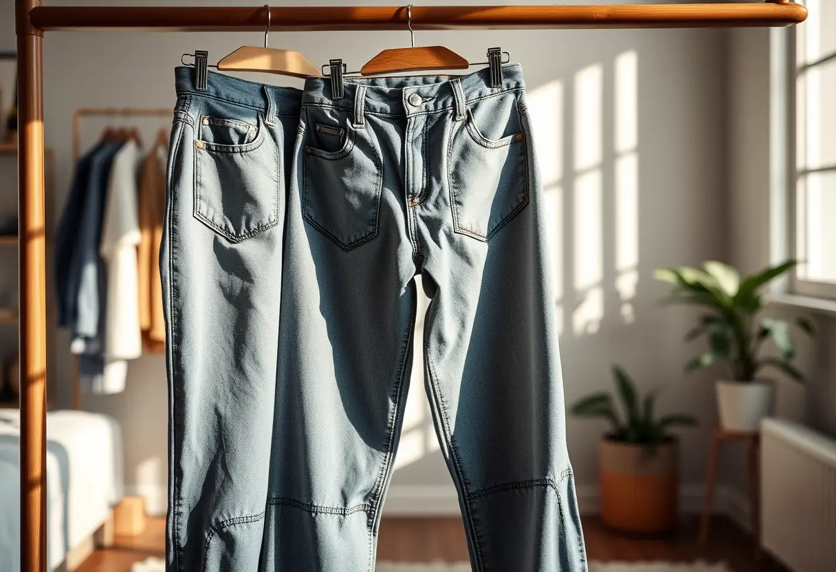 Un jean bootcut suspendu dans une chambre baignée de lumière naturelle