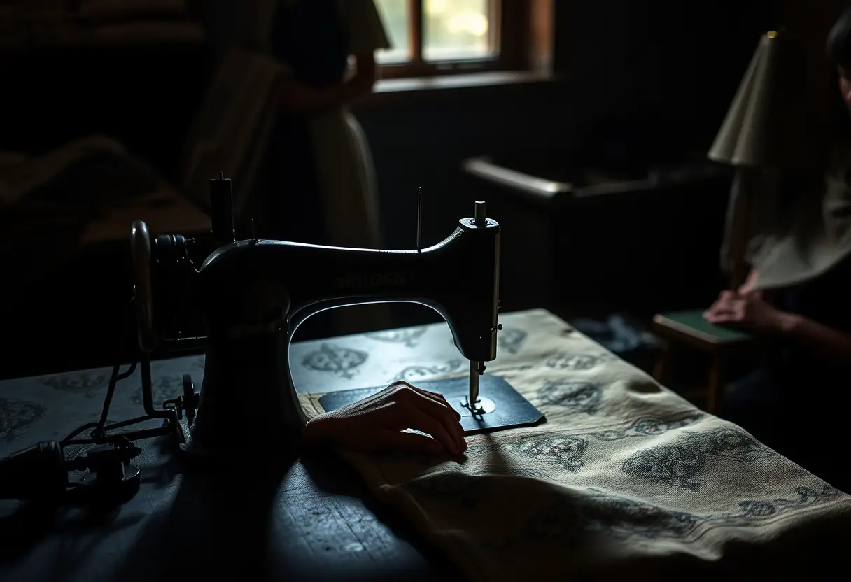 Dans un atelier sombre, une couturière opère une ancienne machine à coudre, ses mains se déplacent rapidement sur un morceau de tissu, créant des motifs complexes inspirés par des modèles historiques.