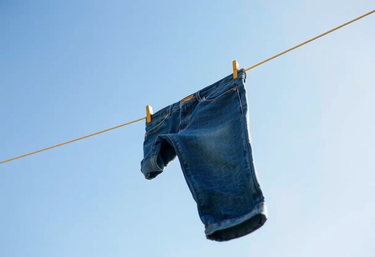Un vieux pantalon de jeans pend à une corde à linge sous un ciel bleu clair, la couleur indigo éteinte racontant des histoires d'aventures et de lavages nombreux.
