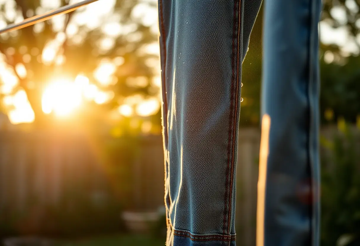 Un cintre avec un pantalon dégoulinant sous le soleil couchant, mettant en valeur l'usure et la texture du denim